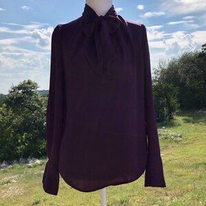 H&M Deep Purple Long-Sleeve Tie-Neck V-Neck Blouse Women's Size 2 Elegant Work